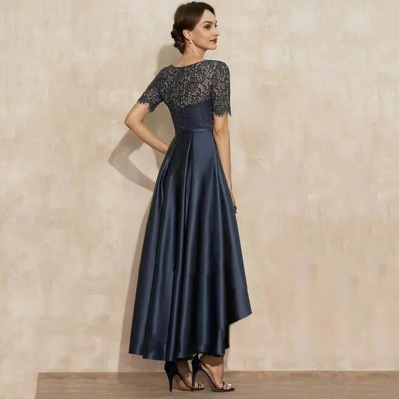 Navy Blue High-Low Lace Party Dress