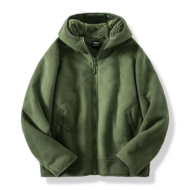 Green fleece jacket with a hood on a white background