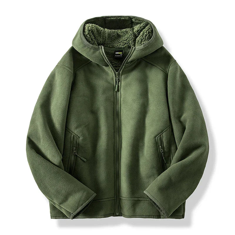Green fleece jacket with a hood on a white background