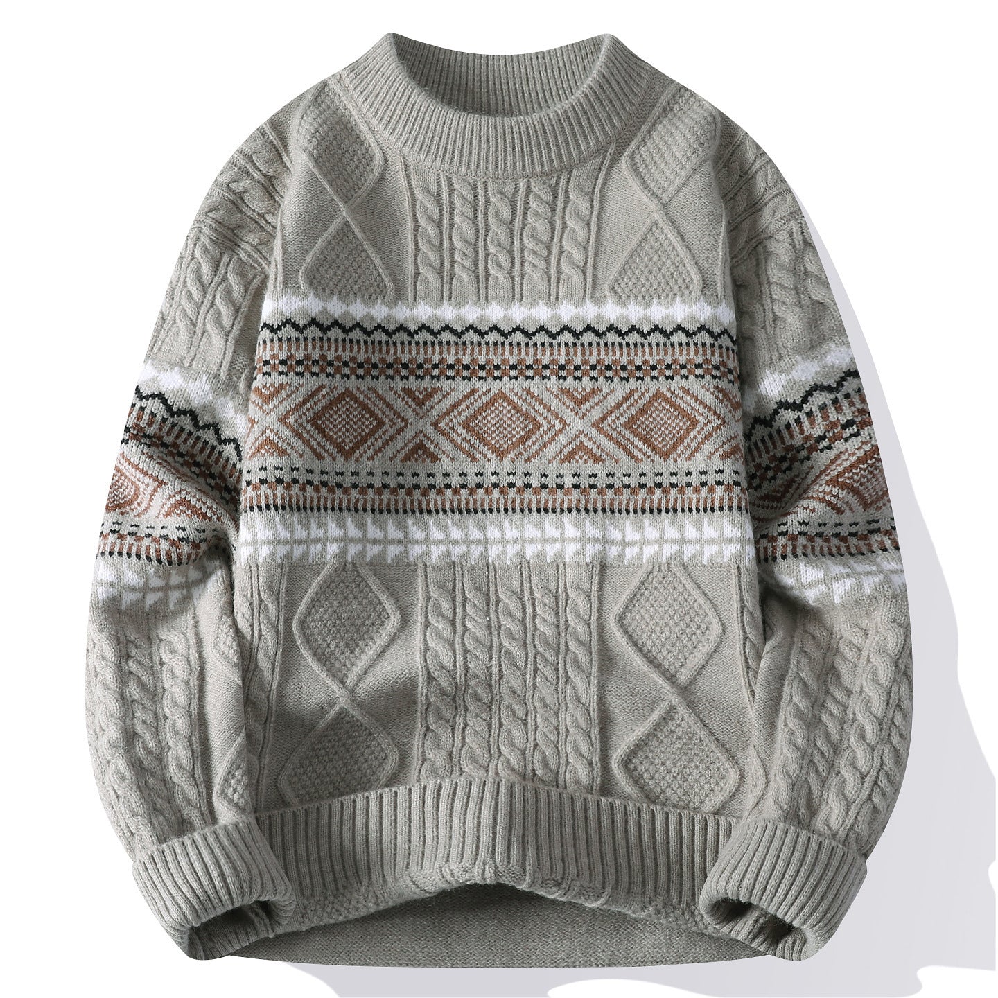 Gray sweater with patterned design on a white background