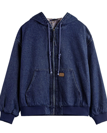 Blue denim hoodie on a white background