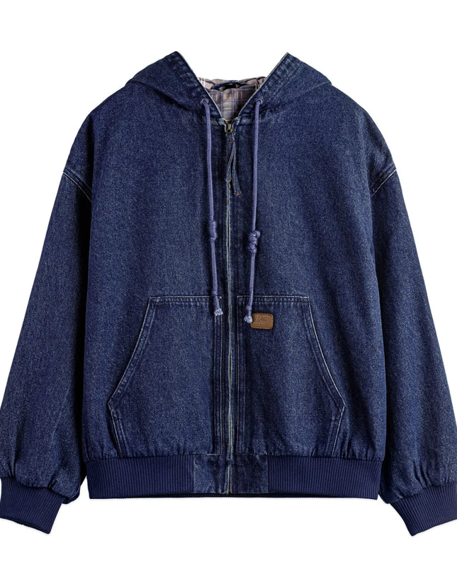 Blue denim hoodie on a white background