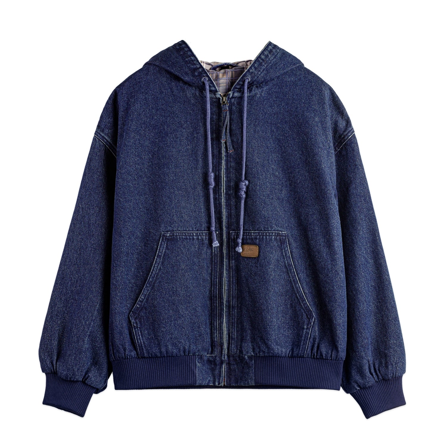 Blue denim hoodie on a white background