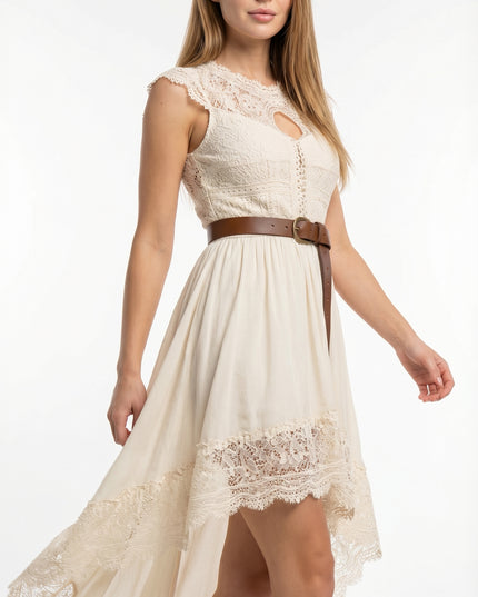 Woman wearing a white lace dress with a brown belt on a white background