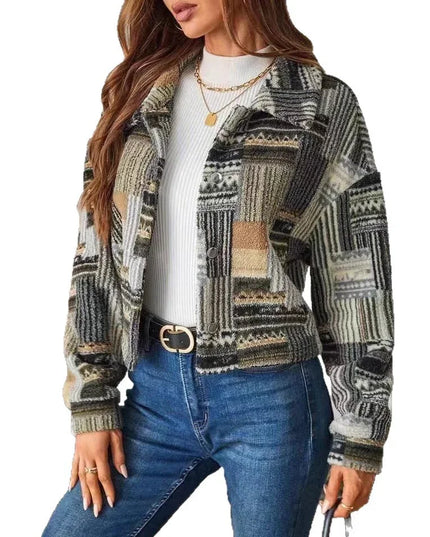 Woman wearing a patterned jacket and blue jeans on a white background