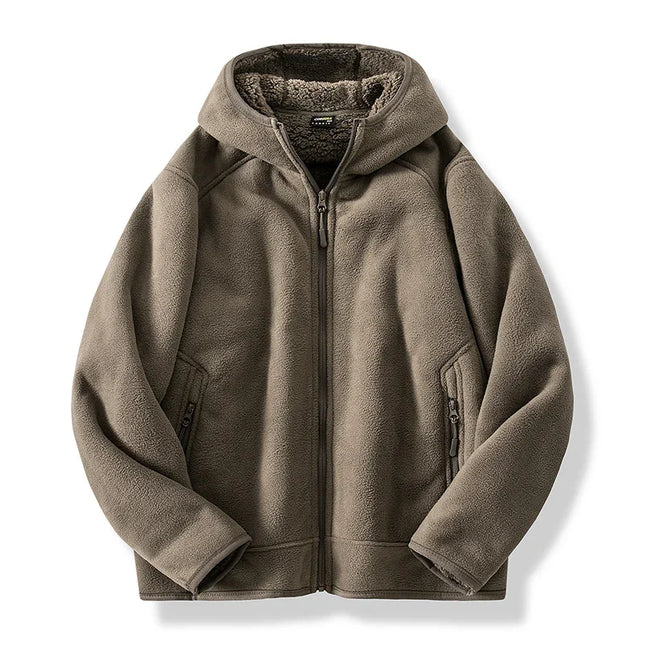 Brown fleece jacket with a hood on a white background