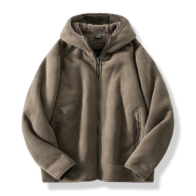 Brown fleece jacket with a hood on a white background