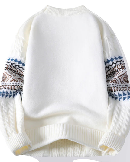 White sweater with patterned sleeves on a white background