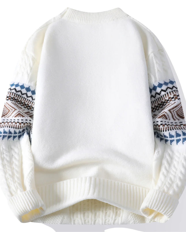 White sweater with patterned sleeves on a white background
