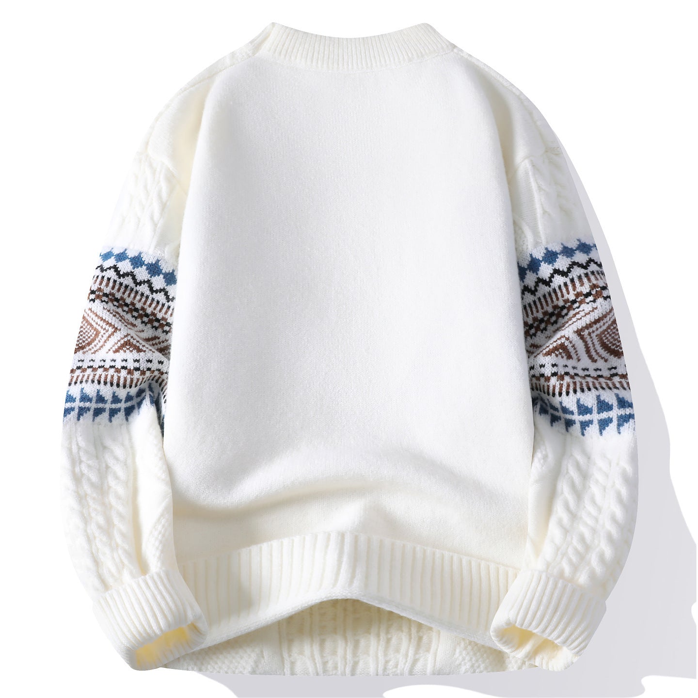White sweater with patterned sleeves on a white background