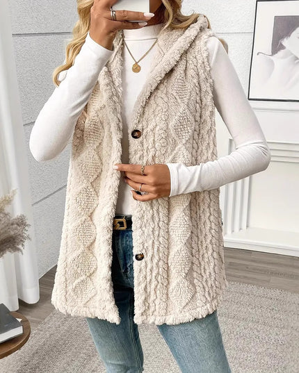Person wearing a beige cable knit vest in a room with decor elements.
