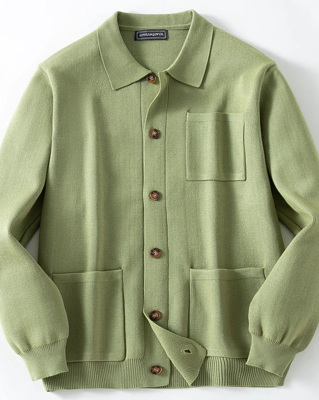 Green cardigan with button details on a white background