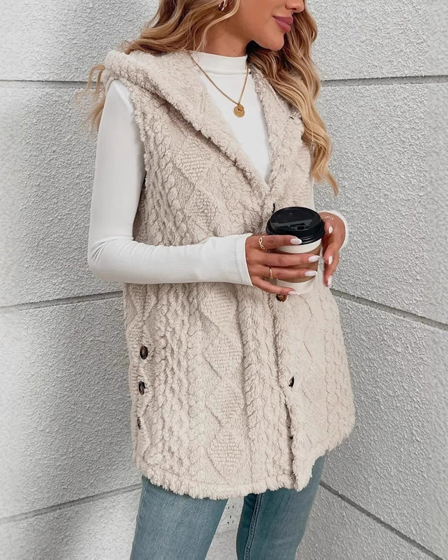 Woman wearing a beige knitted vest holding a coffee cup against a gray wall.
