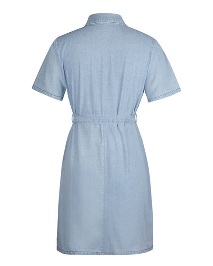 Light blue denim dress on a white background