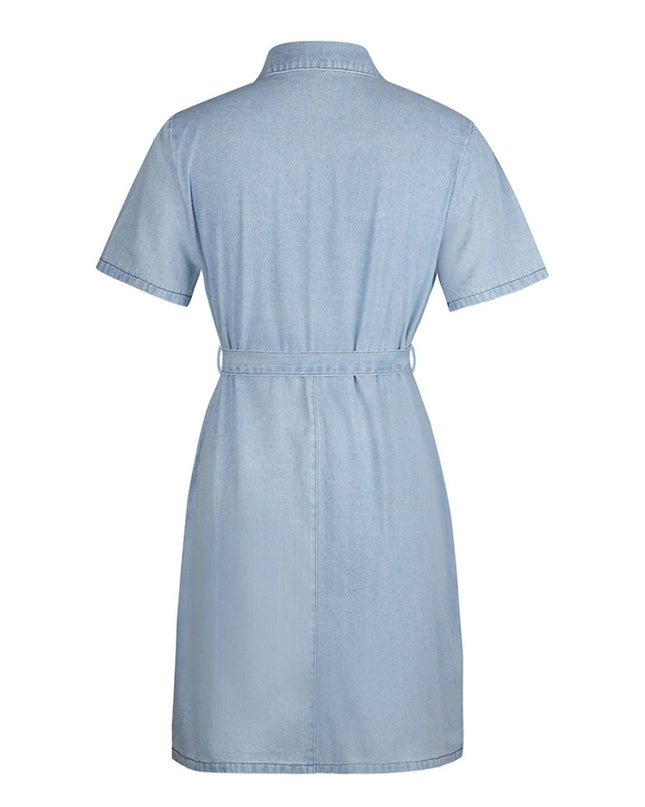 Light blue denim dress on a white background