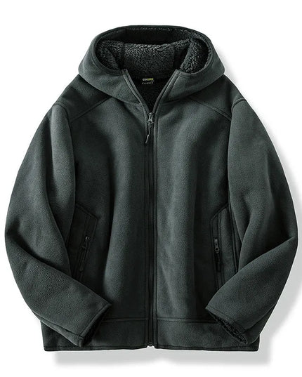 Dark gray fleece jacket with hood on a white background
