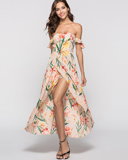 Woman wearing a floral off-shoulder dress on a white background