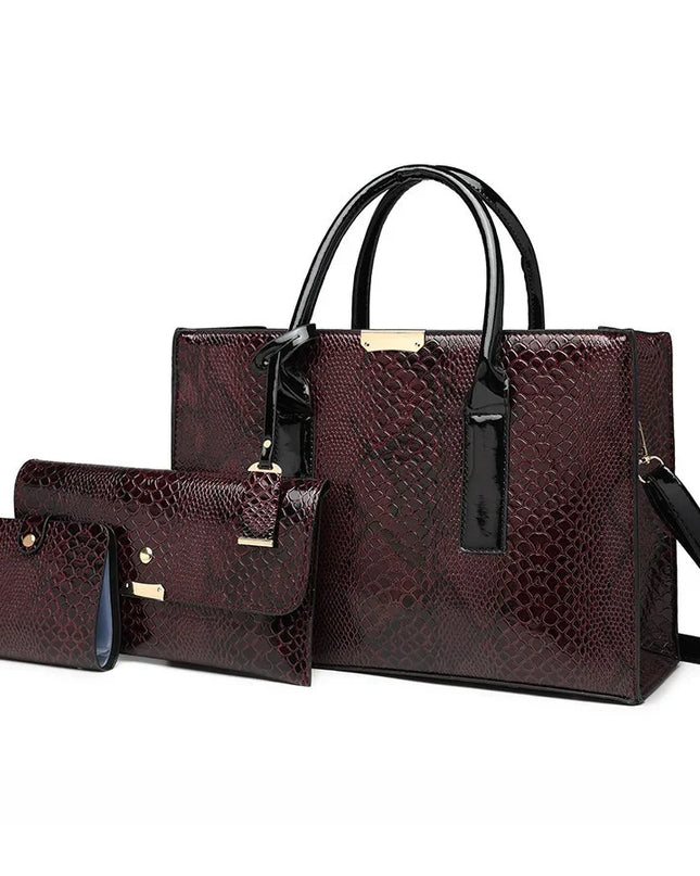 Set of three brown textured handbags with black handles and straps on a white background