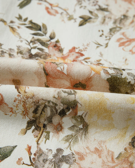 Close-up of floral fabric with a soft focus on colors and patterns.