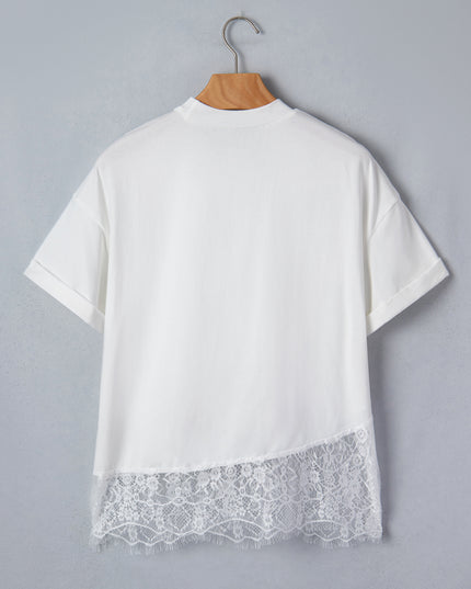 White Lace Trim Floral Tee