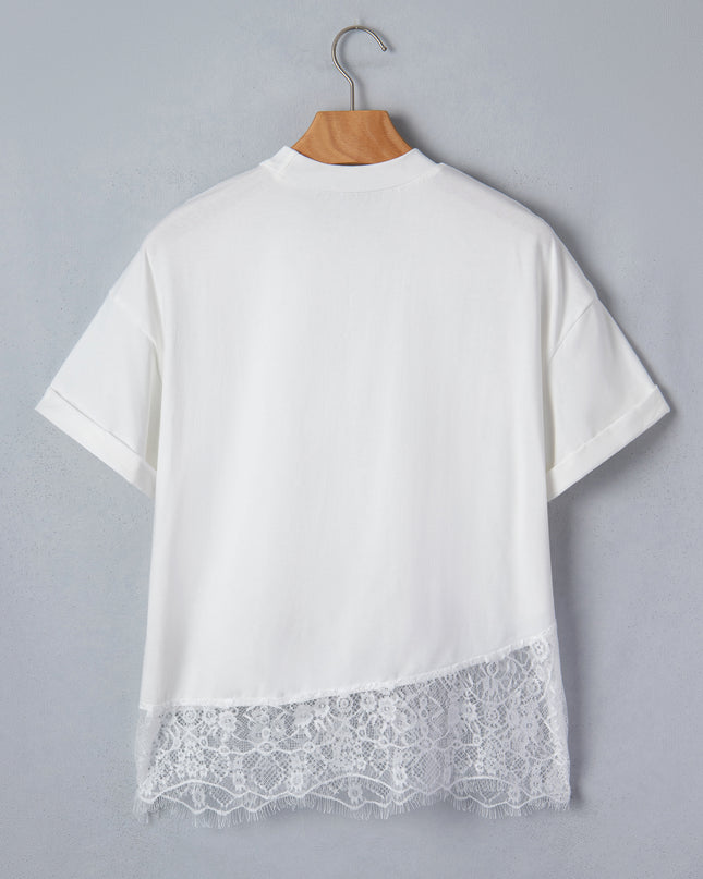 White Lace Trim Floral Tee