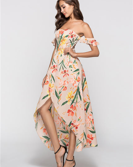 Woman wearing a floral off-shoulder dress on a white background