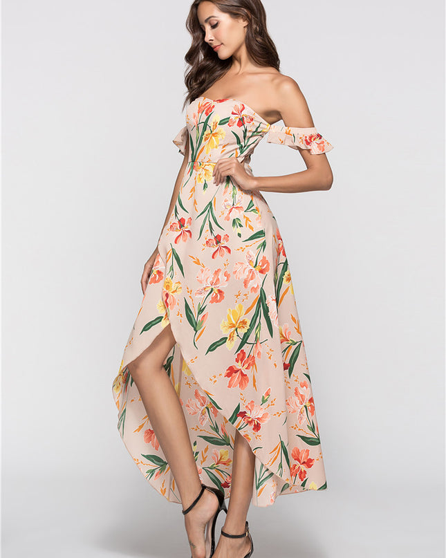 Woman wearing a floral off-shoulder dress on a white background