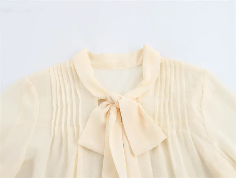 Apricot V-Neck Bow Tie Long Sleeve Top