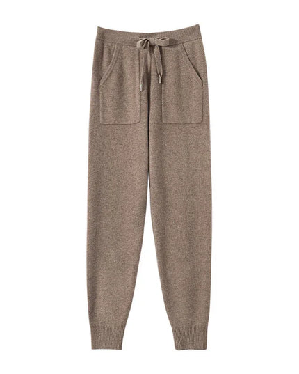 Brown sweatpants with a drawstring on a white background