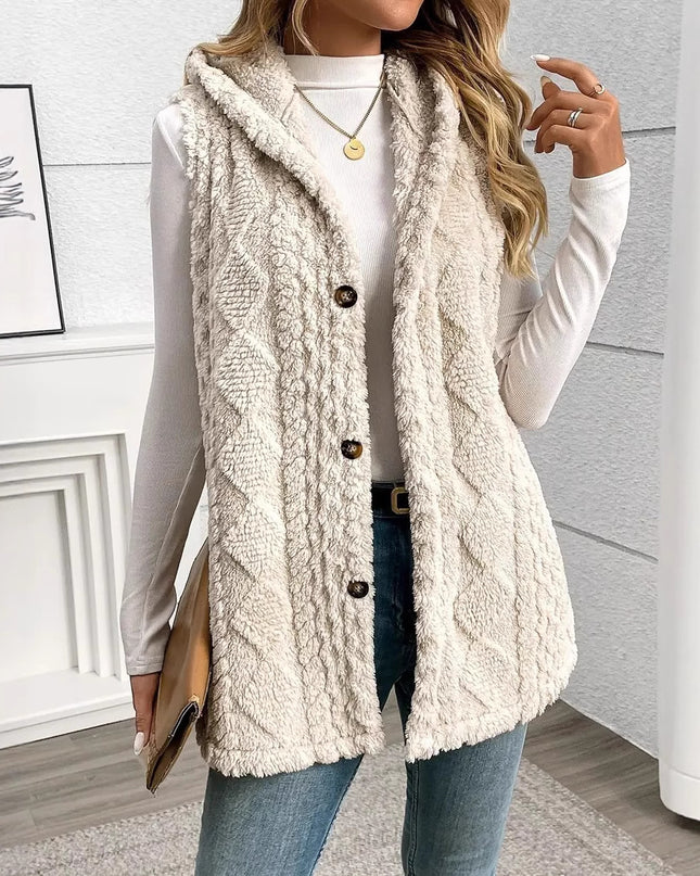 Woman wearing a cream-colored knitted vest indoors against a white wall.