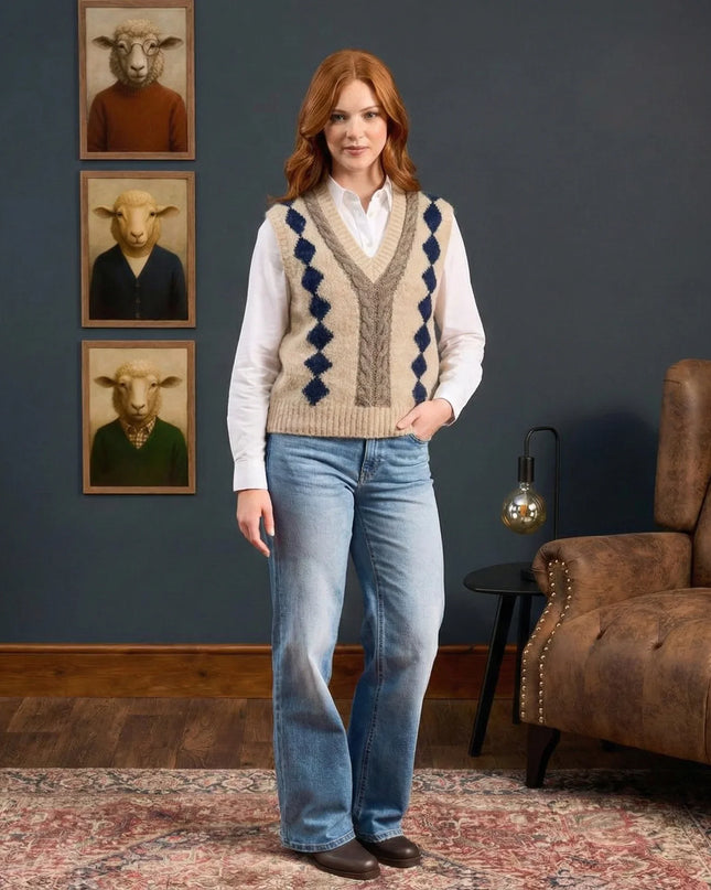 Woman wearing a patterned vest and jeans standing in a room with a brown armchair and wall art.