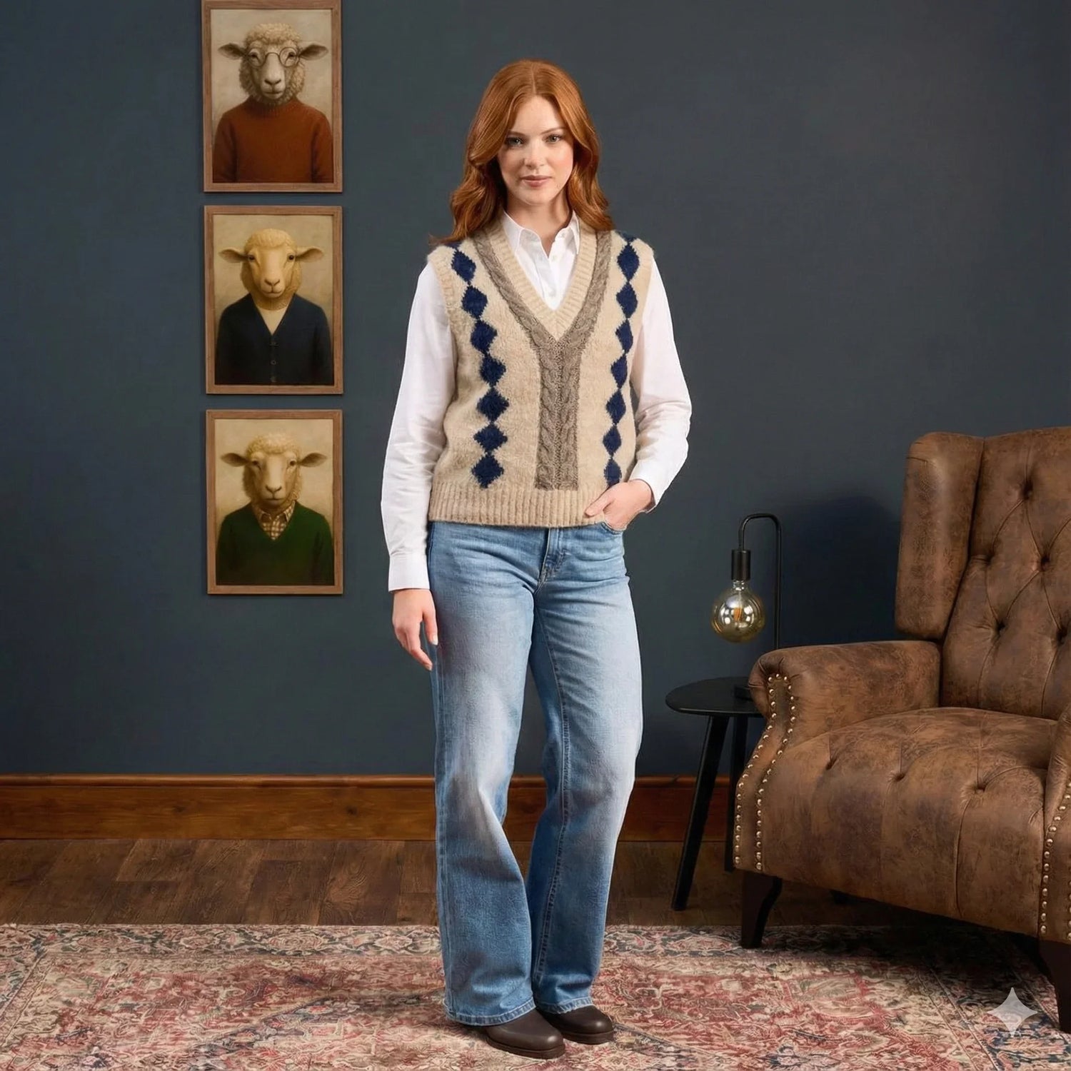 Woman wearing a patterned vest and jeans standing in a room with a brown armchair and wall art.