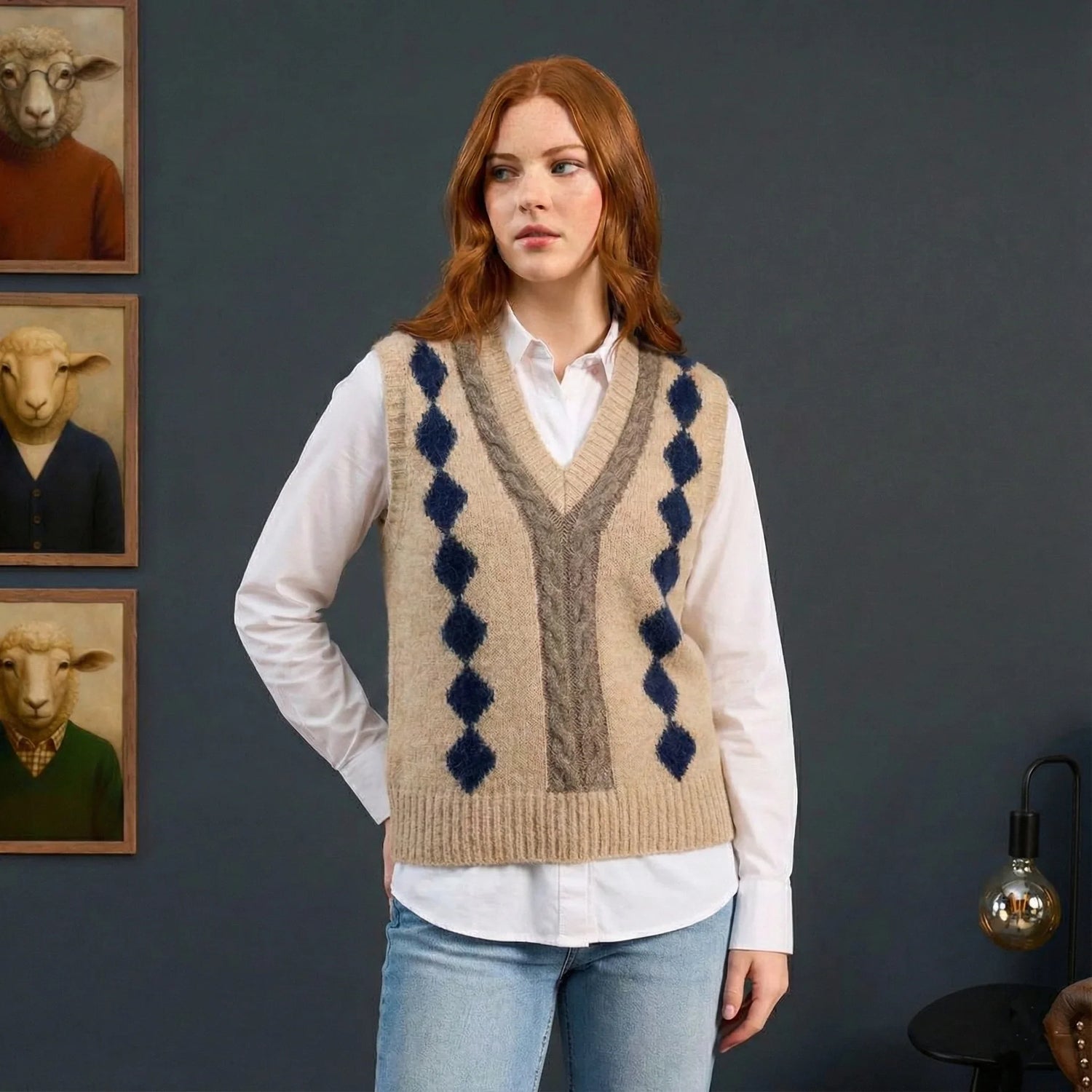 Woman wearing a patterned sweater vest with framed animal portraits on a dark wall.