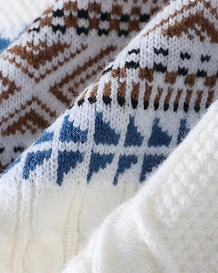 Close-up of knitted fabric with a pattern of brown, blue, and white.