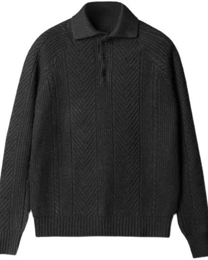 Dark gray sweater with a textured pattern on a white background