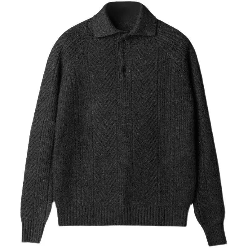 Dark gray sweater with a textured pattern on a white background