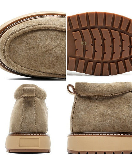 Collage of beige suede shoes showing sole, side view, and top view on a white background.