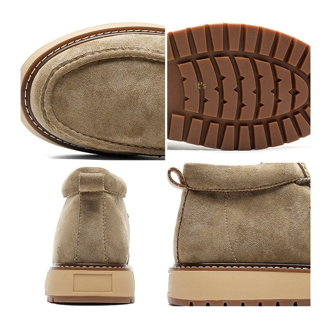 Collage of beige suede shoes showing sole, side view, and top view on a white background.