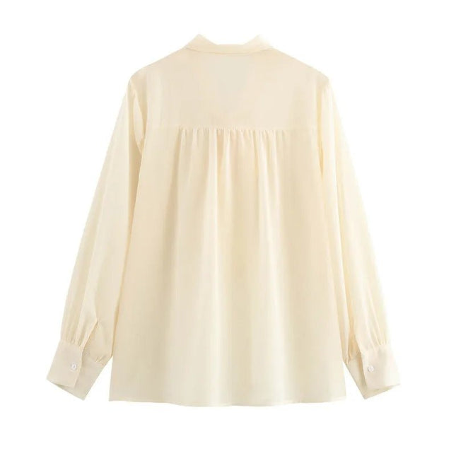 Apricot V-Neck Bow Tie Long Sleeve Top.