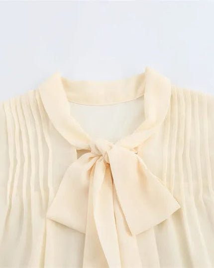 Apricot V-Neck Bow Tie Long Sleeve Top.