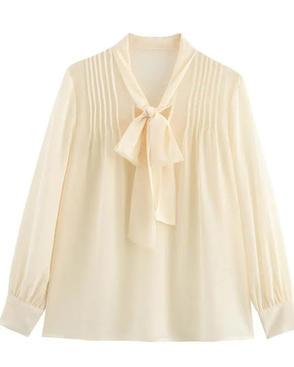 Apricot V-Neck Bow Tie Long Sleeve Top.