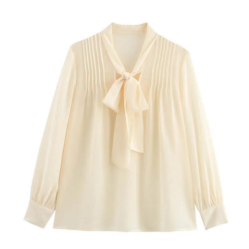 Apricot V-Neck Bow Tie Long Sleeve Top.