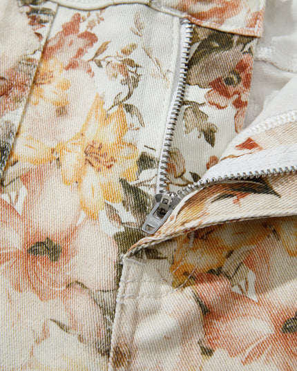 Close-up of a floral-patterned jacket with a zipper.