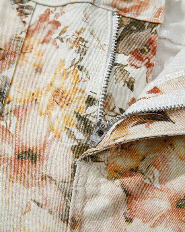 Close-up of a floral-patterned jacket with a zipper.