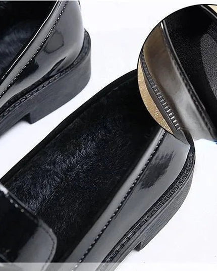 Black Patent Leather Slip On Loafers.