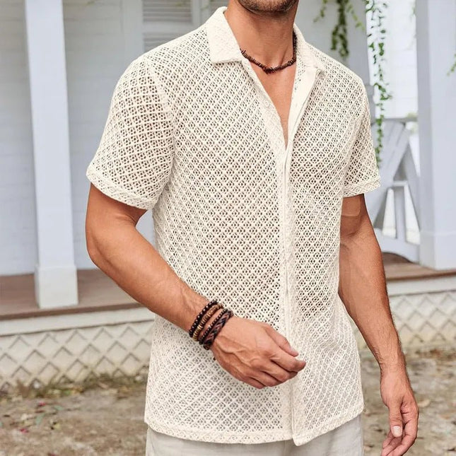 Breezy Summer Mesh Lapel Shirt – Lightweight & Stylish Beachwear.