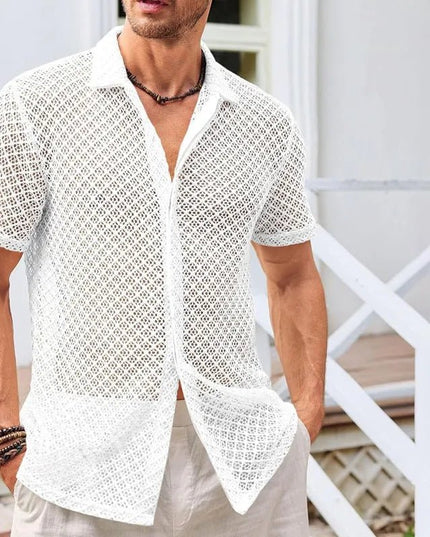 Breezy Summer Mesh Lapel Shirt – Lightweight & Stylish Beachwear.