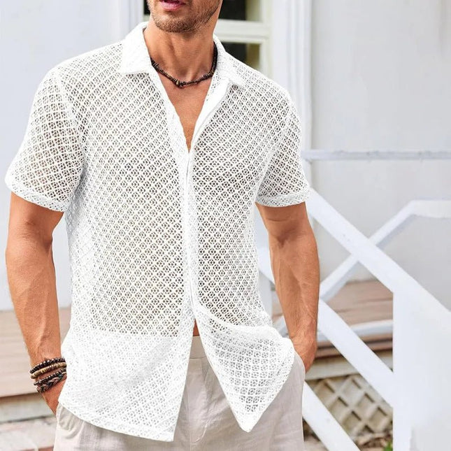Breezy Summer Mesh Lapel Shirt – Lightweight & Stylish Beachwear.