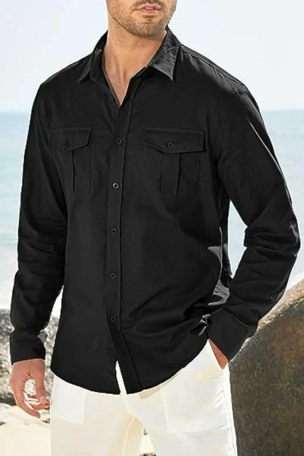 Button Down Collared Neck Long Sleeve Shirt.