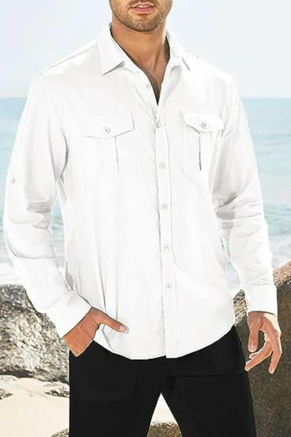 Button Down Collared Neck Long Sleeve Shirt.
